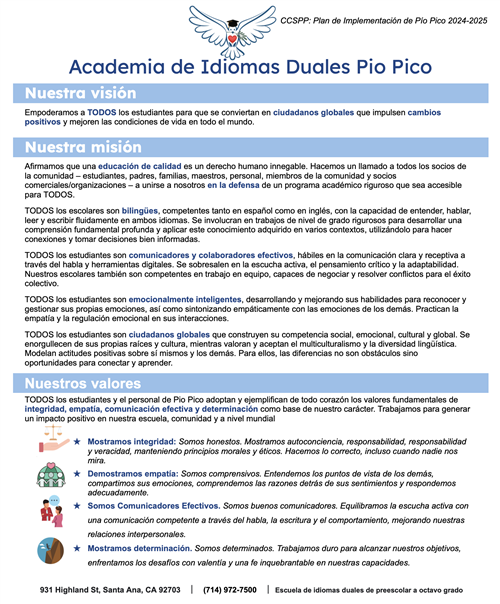 Plan de Implementación de Pío Pico para el Año Escolar 24-25